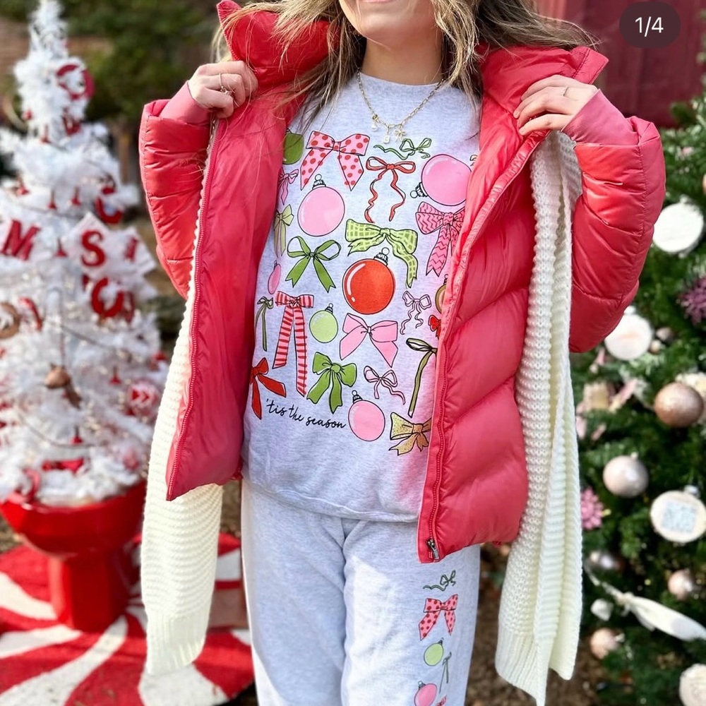 Festive Gray Sweatshirt Holiday Bow Design new Zip-a-Dee ‘Tis the Season Large